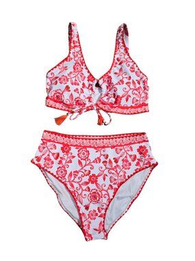 NWOT | Red & White Floral High Waisted Bikini Set Tassel Tie Front Scalloped | L